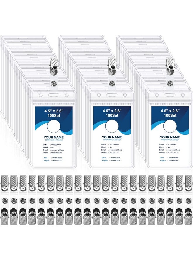 Marspark 200 Packs Id Badge Holder With Metal Badge Clips And Pvc Straps Waterproof Sealed Clear Plastic Vertical Name Tag Badge Holder For Work Key Card Drive License Name Tag Clips Car Office - Image 1