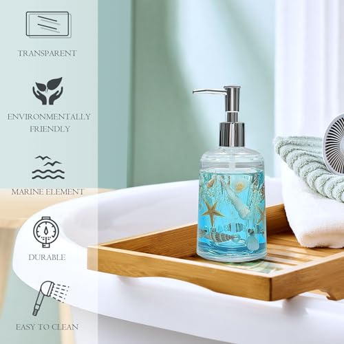 FONMY Soap Dispenser with Pump Acrylic w/Nature Seashell Handmade Bathroom Hand Soap Dispenser, Kitchen Refillable Liquid Dispenser for Soap,Dish Soap, Lotion (Blue) - Image 2