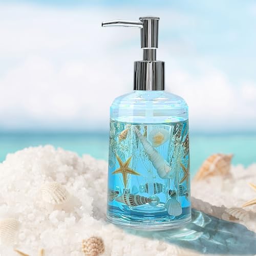 FONMY Soap Dispenser with Pump Acrylic w/Nature Seashell Handmade Bathroom Hand Soap Dispenser, Kitchen Refillable Liquid Dispenser for Soap,Dish Soap, Lotion (Blue) - Image 1