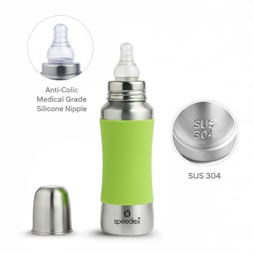 Speedex Stainless Steel Baby Feeding Bottle And Cleaning Brush Combo with Internal ML Marking (240 ML with Brush,1 Nipple Free, Green Colour) - Image 2