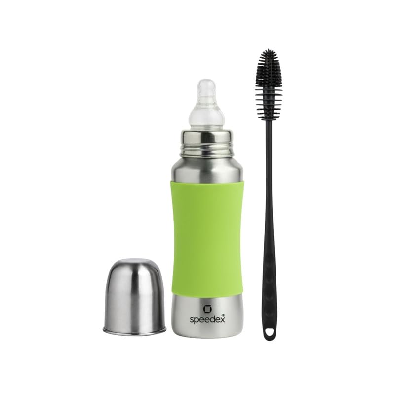 Speedex Stainless Steel Baby Feeding Bottle And Cleaning Brush Combo with Internal ML Marking (240 ML with Brush,1 Nipple Free, Green Colour) - Image 1