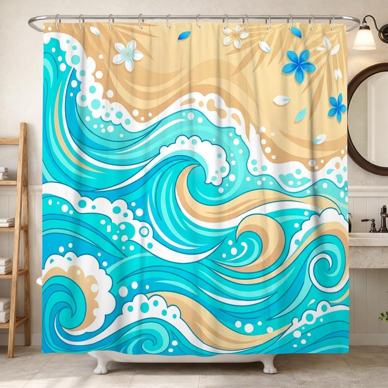 Waves Shower Curtain, Tropical Beach Flowers Swirls Summer Turquoise Polyester Waterproof Clawfoot Tub Shower Curtains Decor for Toile Bathroom Dorm 72x84 Inch - Image 1