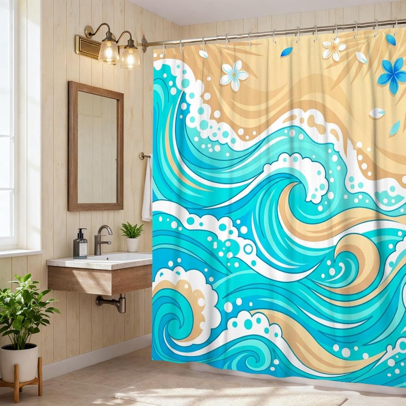 Waves Shower Curtain, Tropical Beach Flowers Swirls Summer Turquoise Polyester Waterproof Clawfoot Tub Shower Curtains Decor for Toile Bathroom Dorm 72x84 Inch - Image 2