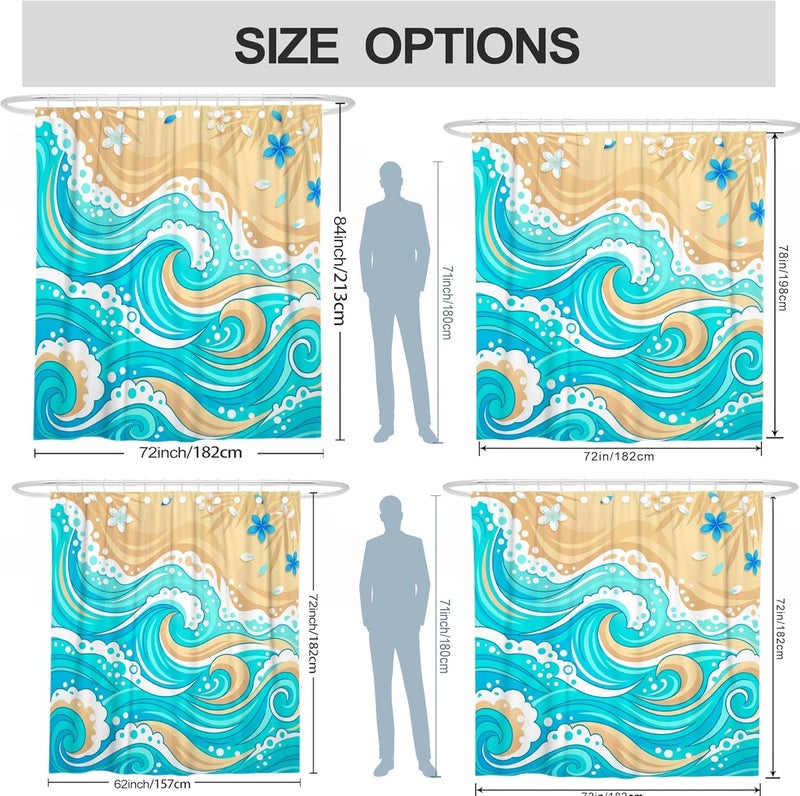 Waves Shower Curtain, Tropical Beach Flowers Swirls Summer Turquoise Polyester Waterproof Clawfoot Tub Shower Curtains Decor for Toile Bathroom Dorm 72x84 Inch - Image 3