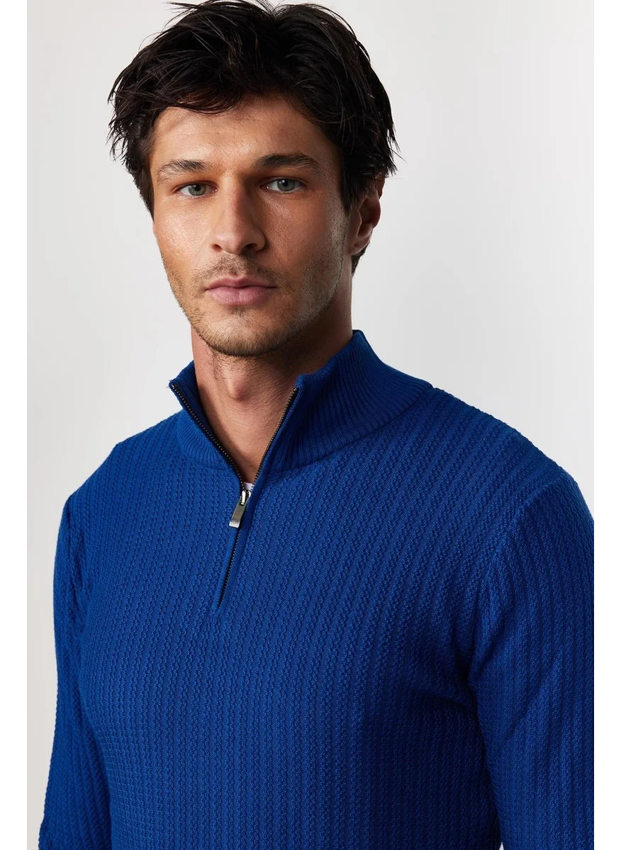 Tudors Slim Fit Slim Cut Stand Collar Zippered Patterned Saxe Blue Men's Knitwear Sweater