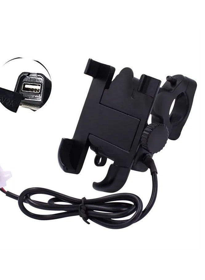 Heavy Duty Aluminum Motorcycle Phone Mount with USB Charger - Metal Handlebar Holder 360° Rotatable & Anti-Shake (Black) - Image 1
