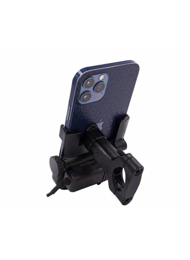 Heavy Duty Aluminum Motorcycle Phone Mount with USB Charger - Metal Handlebar Holder 360° Rotatable & Anti-Shake (Black) - Image 2