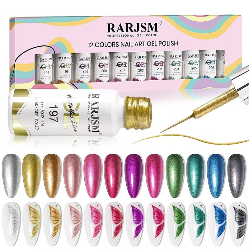 RARJSM Metallic Nail Art Gel Liner Black Silver Rose Gold Blue Green Red Glitter Painted Gel Nail Polish Set Soak Off 12 Colors 5ml UV LED Curing Require for DIY at Home Nail Salon Manicure Design - Image 2