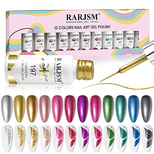 RARJSM Metallic Nail Art Gel Liner Black Silver Rose Gold Blue Green Red Glitter Painted Gel Nail Polish Set Soak Off 12 Colors 5ml UV LED Curing Require for DIY at Home Nail Salon Manicure Design - Image 1