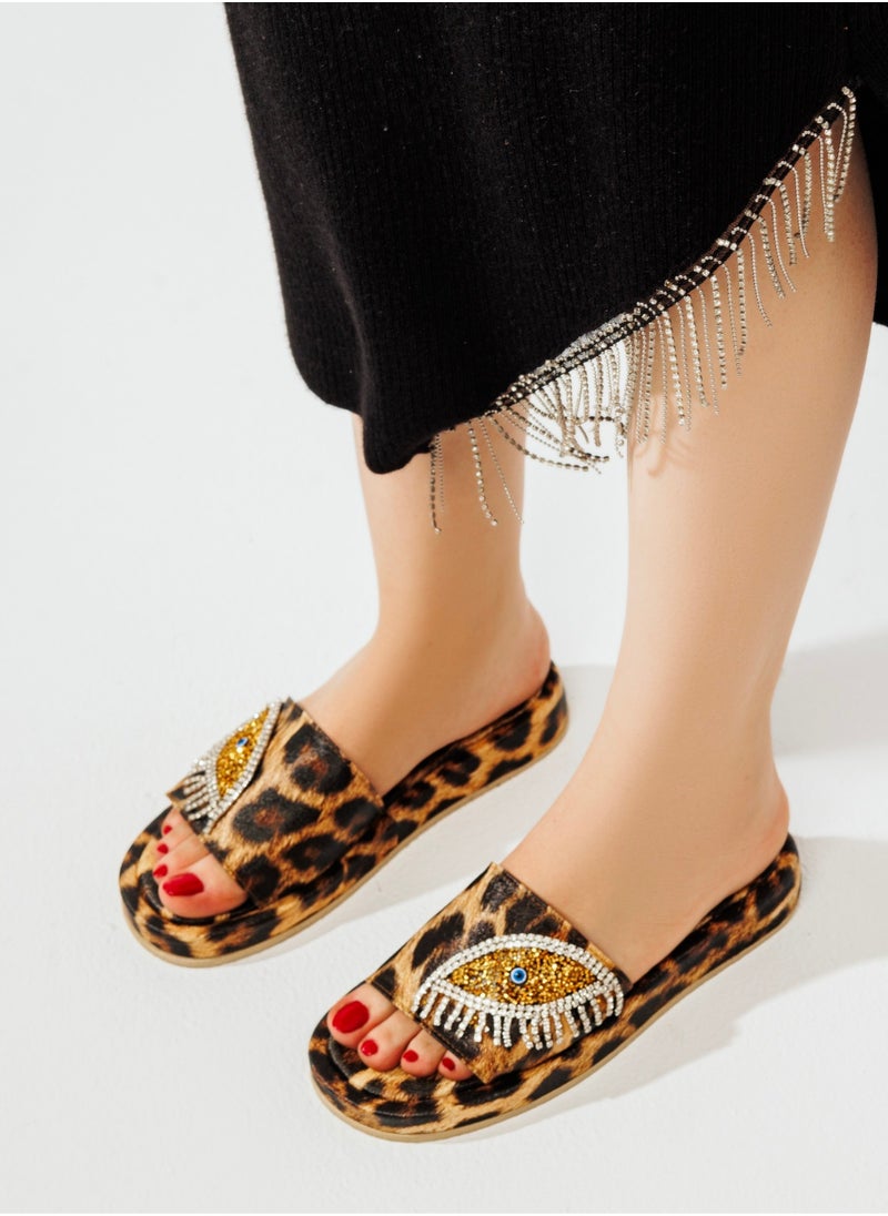 Vbranda - Leather flat slipper with accessory on the side-HAVAN - Image 1