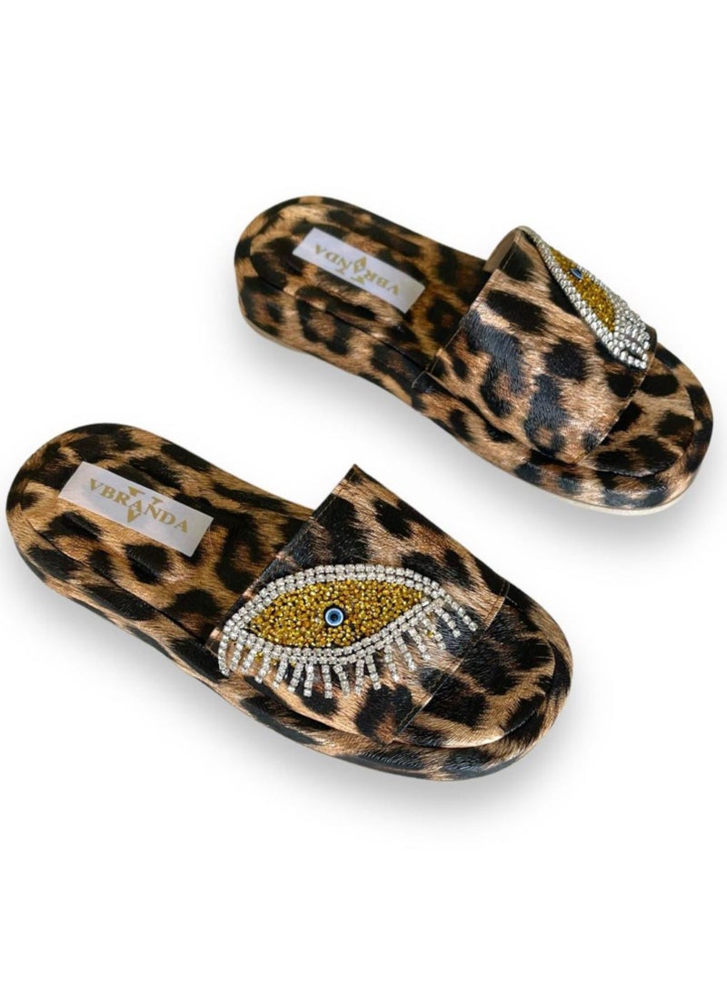 Vbranda - Leather flat slipper with accessory on the side-HAVAN - Image 1