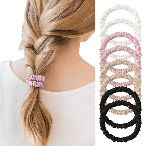 Srevela 8Pcs Mulberry Silk Scrunchies Set Silk Hair Ties Elastic for Women Skinny Scrunchies Reduces Breakage for All Hair Types Srevelacrunchies Set Women Curly Thin Hair PinkBlondeWhiteBlack - Image 1