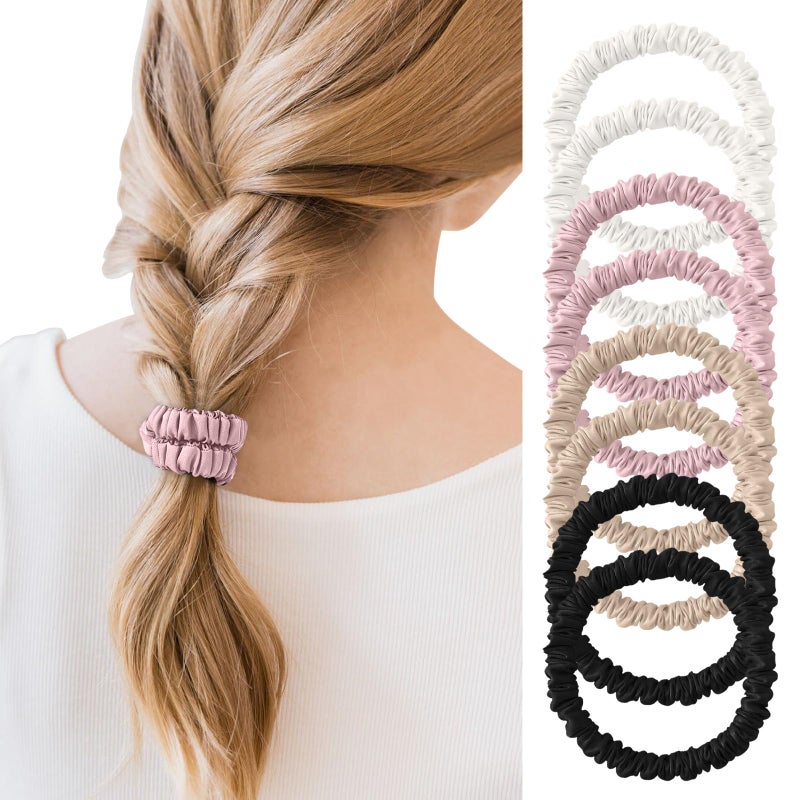 Srevela 8Pcs Mulberry Silk Scrunchies Set Silk Hair Ties Elastic for Women Skinny Scrunchies Reduces Breakage for All Hair Types Srevelacrunchies Set Women Curly Thin Hair PinkBlondeWhiteBlack - Image 3