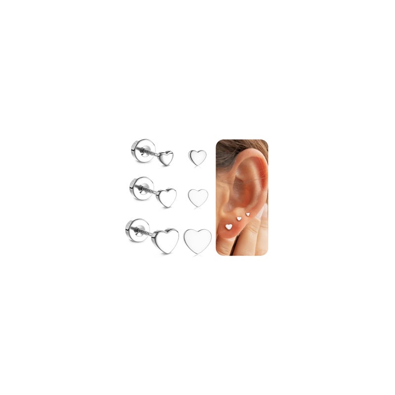KRFY 3 Pairs Flat Back Stud Earrings 925 Sterling Silver Post Earrings for Women Tragus Conch Helix Cartilage Earrings for Women Heart Stud Earrings Silver - Image 1
