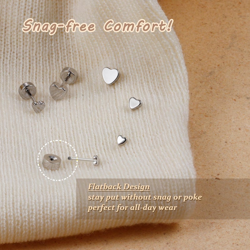 KRFY 3 Pairs Flat Back Stud Earrings 925 Sterling Silver Post Earrings for Women Tragus Conch Helix Cartilage Earrings for Women Heart Stud Earrings Silver - Image 3