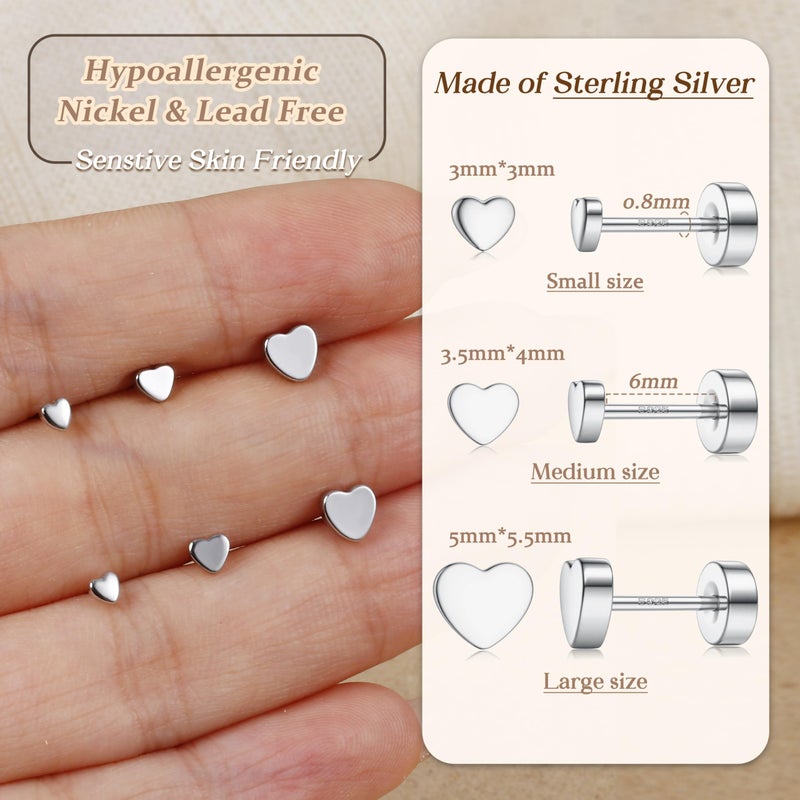 KRFY 3 Pairs Flat Back Stud Earrings 925 Sterling Silver Post Earrings for Women Tragus Conch Helix Cartilage Earrings for Women Heart Stud Earrings Silver - Image 5