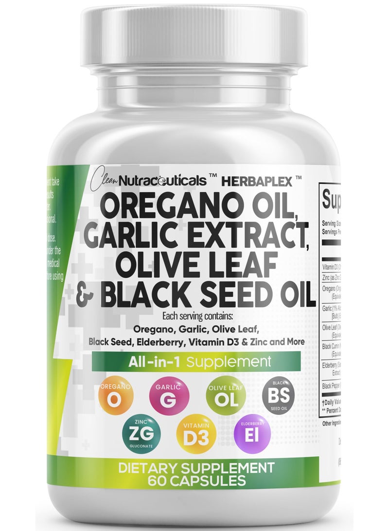 Clean Nutraceuticals Oregano Oil with Black Seed Oil Garlic Olive Leaf Extract - Oil of Oregano Capsules Immune Support Carvacrol & Thymoquinone Supplement for Women and Men + Elderberry Vitamin D3 & Zinc - Image 1