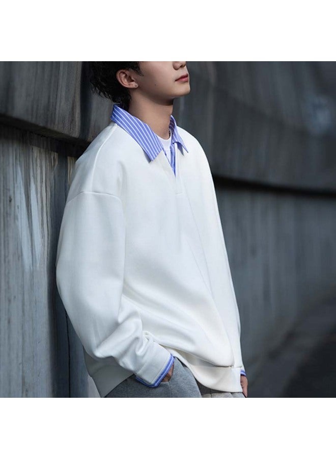 Izexx Men's Patchwork Faux Two-piece Shirt Collar Sweatshirt, Spring Korean Style Casual Long-sleeve Loose Top, Ky50 Glacier White 2XL - Image 2