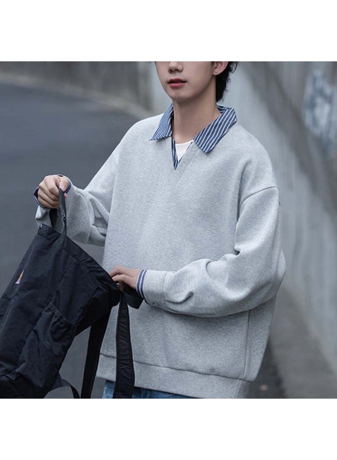 Izexx Men's Patchwork Faux Two-piece Shirt Collar Sweatshirt, Spring Korean Style Casual Long-sleeve Loose Top, Ky50 Glacier White 2XL - Image 4