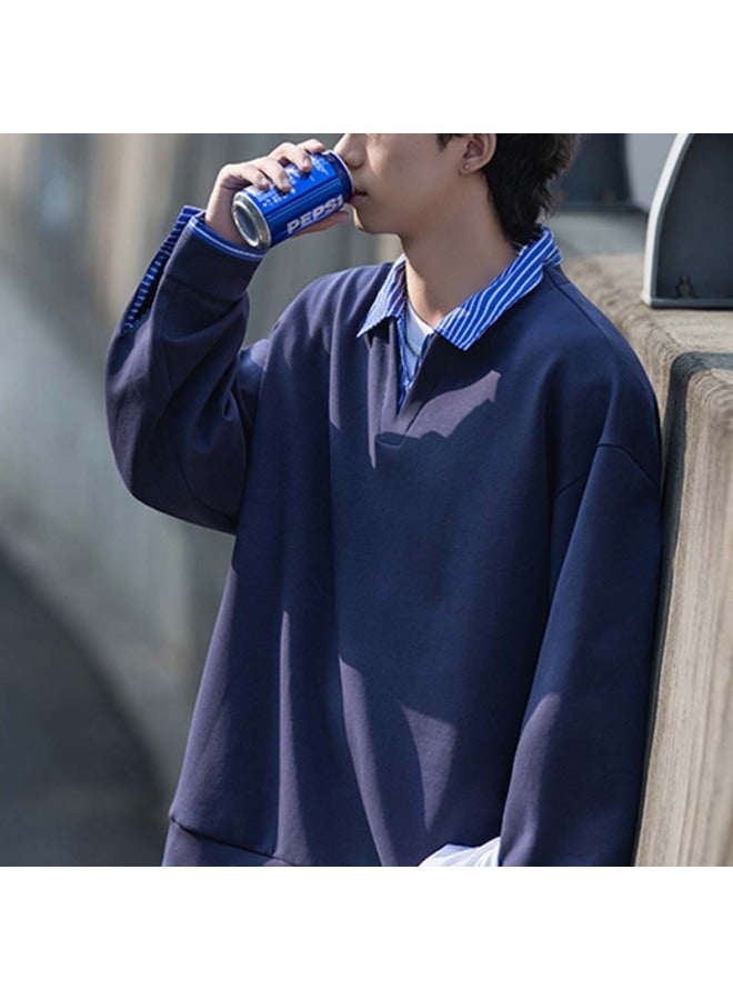Izexx Men's Patchwork Faux Two-piece Shirt Collar Sweatshirt, Spring Korean Style Casual Long-sleeve Loose Top, Ky50 Glacier White 2XL - Image 5
