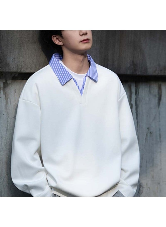 Izexx Men's Patchwork Faux Two-piece Shirt Collar Sweatshirt, Spring Korean Style Casual Long-sleeve Loose Top, Ky50 Glacier White 2XL - Image 1