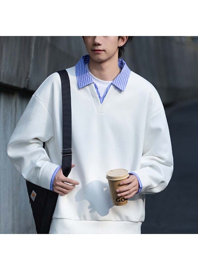 Izexx Men's Patchwork Faux Two-piece Shirt Collar Sweatshirt, Spring Korean Style Casual Long-sleeve Loose Top, Ky50 Glacier White 2XL - Image 3