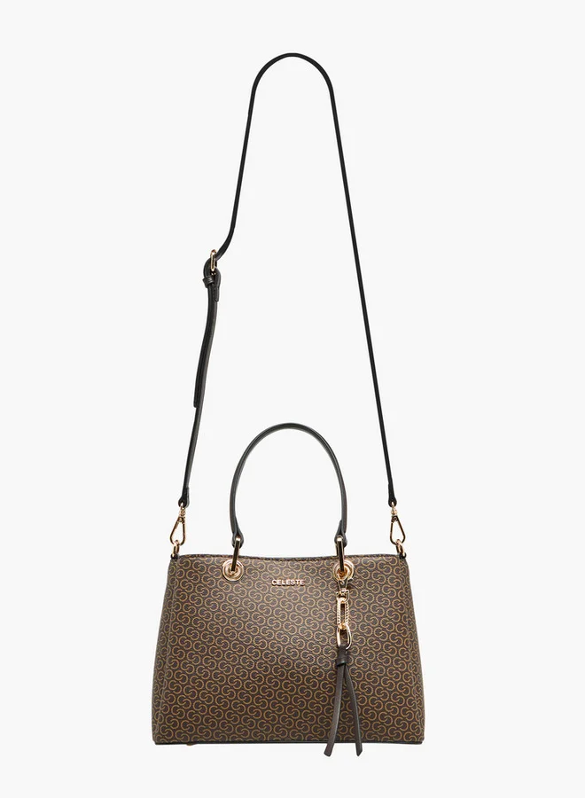Celeste Monogram Print Tote Bag with Detachable Strap and Zip Closure