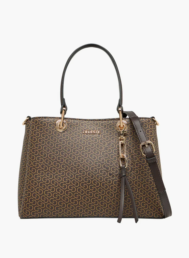 Celeste Monogram Print Tote Bag with Detachable Strap and Zip Closure