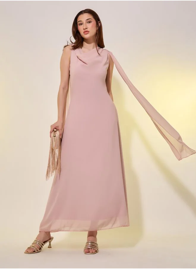Take Two Take Two Solid Sleeveless Cowl Neck A-Line Midi Dress