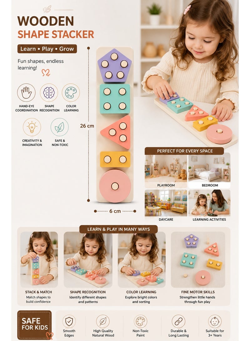 Wooden Shape Sorter Stacker Toy for Kids – Colorful Geometric Matching Puzzle Board, Montessori Learning Toy, Hand-Eye Coordination, 26x6 cm - Image 1