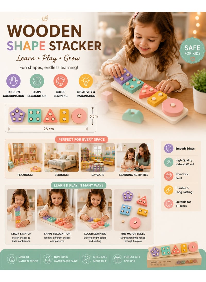 Wooden Shape Sorter Stacker Toy for Kids – Colorful Geometric Matching Puzzle Board, Montessori Learning Toy, Hand-Eye Coordination, 26x6 cm - Image 4