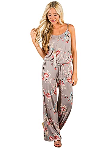 AMiERY Floral Printed Jumpsuits Women Halter Sleeveless Wide Long Pants Jumpsuit Rompers (XL, Khaki) - Image 1