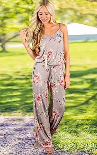 AMiERY Floral Printed Jumpsuits Women Halter Sleeveless Wide Long Pants Jumpsuit Rompers (XL, Khaki) - Image 2