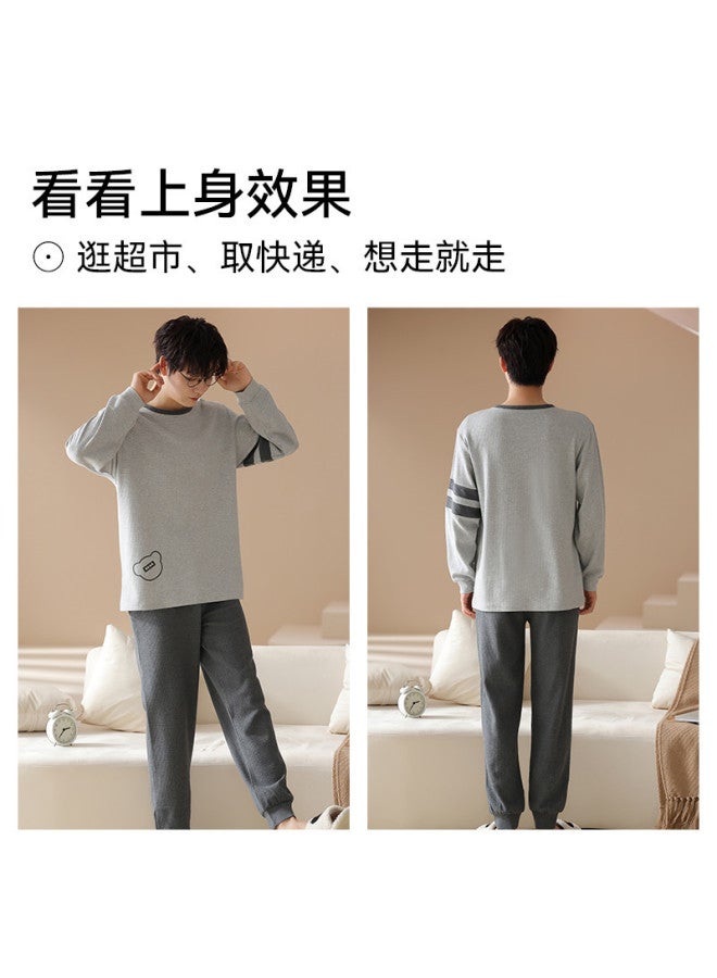 MIIOW Waffle Pure Cotton Pajamas Men's Autumn Winter Youth Casual Homewear Thickened Set For Outdoor Wear - Image 5
