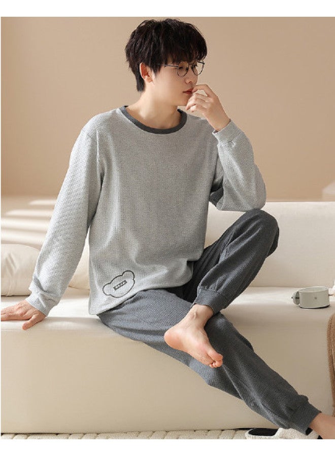 MIIOW Waffle Pure Cotton Pajamas Men's Autumn Winter Youth Casual Homewear Thickened Set For Outdoor Wear - Image 1