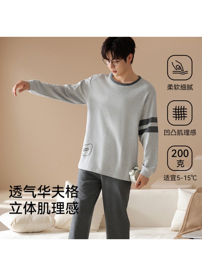 MIIOW Waffle Pure Cotton Pajamas Men's Autumn Winter Youth Casual Homewear Thickened Set For Outdoor Wear - Image 3