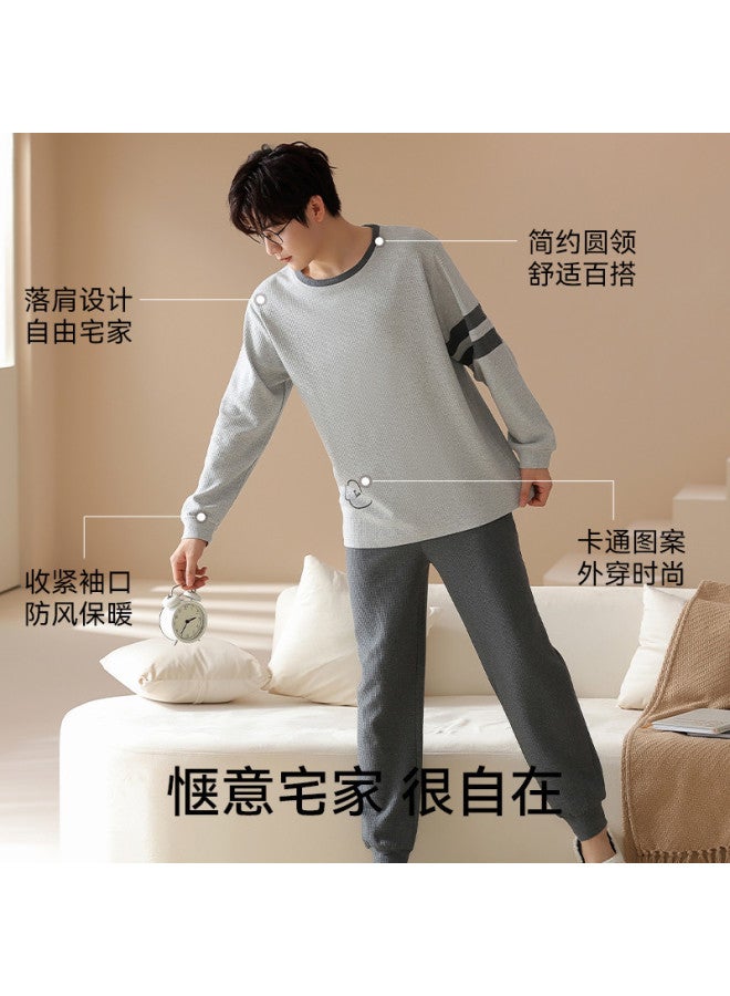 MIIOW Waffle Pure Cotton Pajamas Men's Autumn Winter Youth Casual Homewear Thickened Set For Outdoor Wear - Image 4