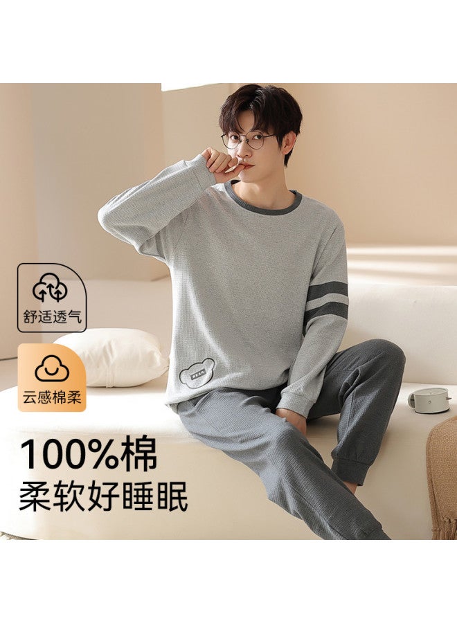 MIIOW Waffle Pure Cotton Pajamas Men's Autumn Winter Youth Casual Homewear Thickened Set For Outdoor Wear - Image 2
