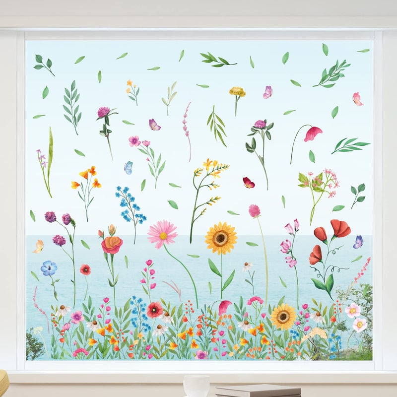 WALPLUS Spring Window Clings Spring Decorations Flower Window Clings Reusable Removable for Glass Windows Living Room Nursery Room Home Office Decor Watercolour Wildflower Meadow 86 Pieces