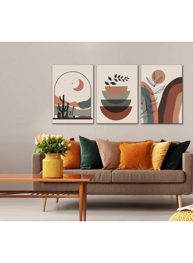 انسجام مجموعة من 3 لوحات فنية جدارية من القماش مشدودة على إطار خشبي مع لوحات تجريدية، مجموعة فنون جدارية بوهيمية - ملصقات تجريدية حديثة من منتصف القرن، ديكور جداري حديث، شمس وقمر، نباتات صحراوية، ديكور جداري، ملصق مطبوع، عمل فني لغرفة المعيشة، المكتب، غرفة النوم، ديكور المنزل - Image 5
