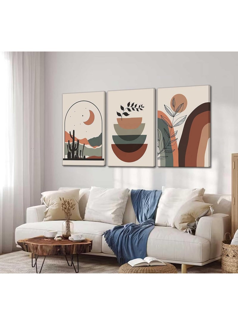 انسجام مجموعة من 3 لوحات فنية جدارية من القماش مشدودة على إطار خشبي مع لوحات تجريدية، مجموعة فنون جدارية بوهيمية - ملصقات تجريدية حديثة من منتصف القرن، ديكور جداري حديث، شمس وقمر، نباتات صحراوية، ديكور جداري، ملصق مطبوع، عمل فني لغرفة المعيشة، المكتب، غرفة النوم، ديكور المنزل - Image 1