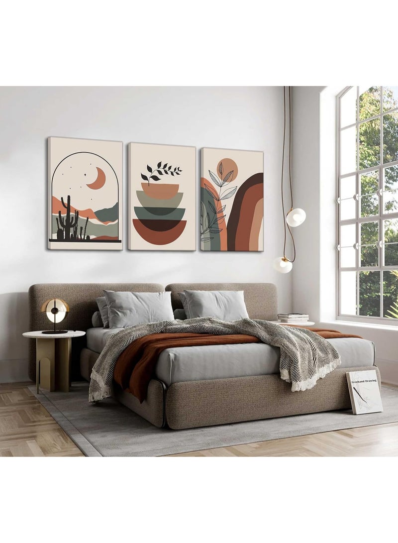 انسجام مجموعة من 3 لوحات فنية جدارية من القماش مشدودة على إطار خشبي مع لوحات تجريدية، مجموعة فنون جدارية بوهيمية - ملصقات تجريدية حديثة من منتصف القرن، ديكور جداري حديث، شمس وقمر، نباتات صحراوية، ديكور جداري، ملصق مطبوع، عمل فني لغرفة المعيشة، المكتب، غرفة النوم، ديكور المنزل - Image 4
