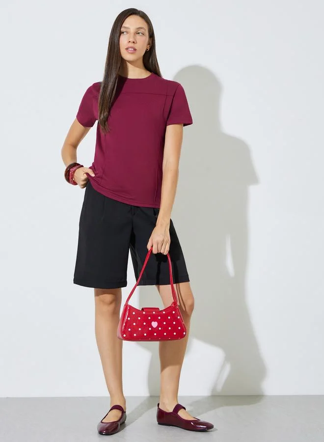 ستايلي Burgundy Pintuck Detail Cotton Round Neck T-Shirt
