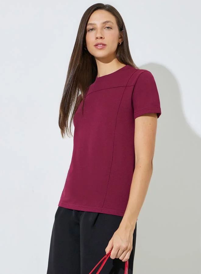 ستايلي Burgundy Pintuck Detail Cotton Round Neck T-Shirt