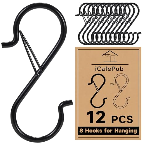 iCafePub 12 PCS S Hooks for Hanging with Safety Buckle, 3.5 inch Heavy Duty Metal S Shaped Hooks for Kitchen Utensil, Cups, Pots, Plants, Bags, Hats (Black) - Image 1