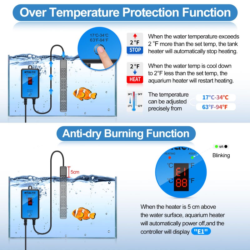 HiTauing Aquarium Heater, Upgraded 300W/500W Fish Tank Heater with Intelligent Leaving Water Automatically Stop Heating and Advanced Temperature Control System, Suitable for Saltwater and Freshwater - Image 3
