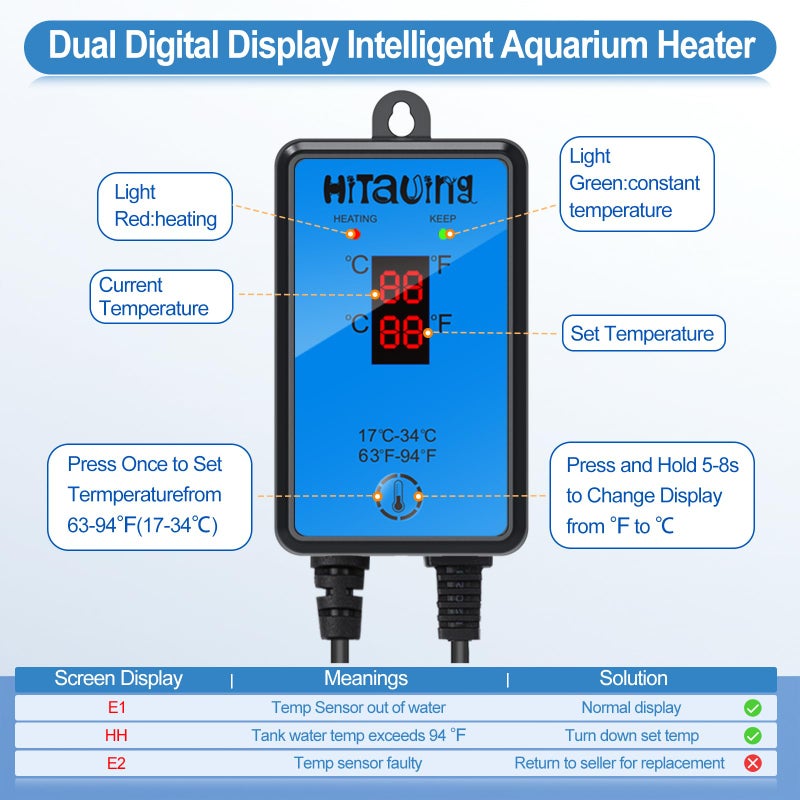 HiTauing Aquarium Heater, Upgraded 300W/500W Fish Tank Heater with Intelligent Leaving Water Automatically Stop Heating and Advanced Temperature Control System, Suitable for Saltwater and Freshwater - Image 2