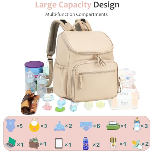LORADI Lightweight Diaper Bag Backpack Baby Shower Gifts Beige - Image 3