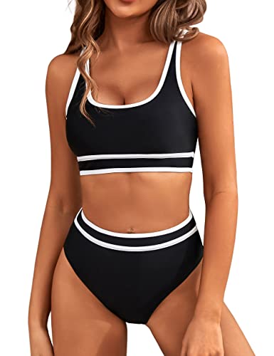 BMJL Women's High Waisted Bikini Sets Sporty Two Piece Swimsuits Color Block Cheeky High Cut Bathing Suits(XL,Black) - Image 1