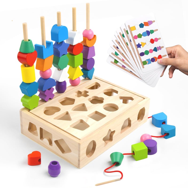 Sewulidon 3 in 1 Wooden Color Sorting Stacking Toys Montessori Toys Geometric Shape Sorter Matching Lacing Beads Sequencing Toy Set Preschool Learning Fine Motor Skills for Toddlers 3 4 5 Years - Image 2